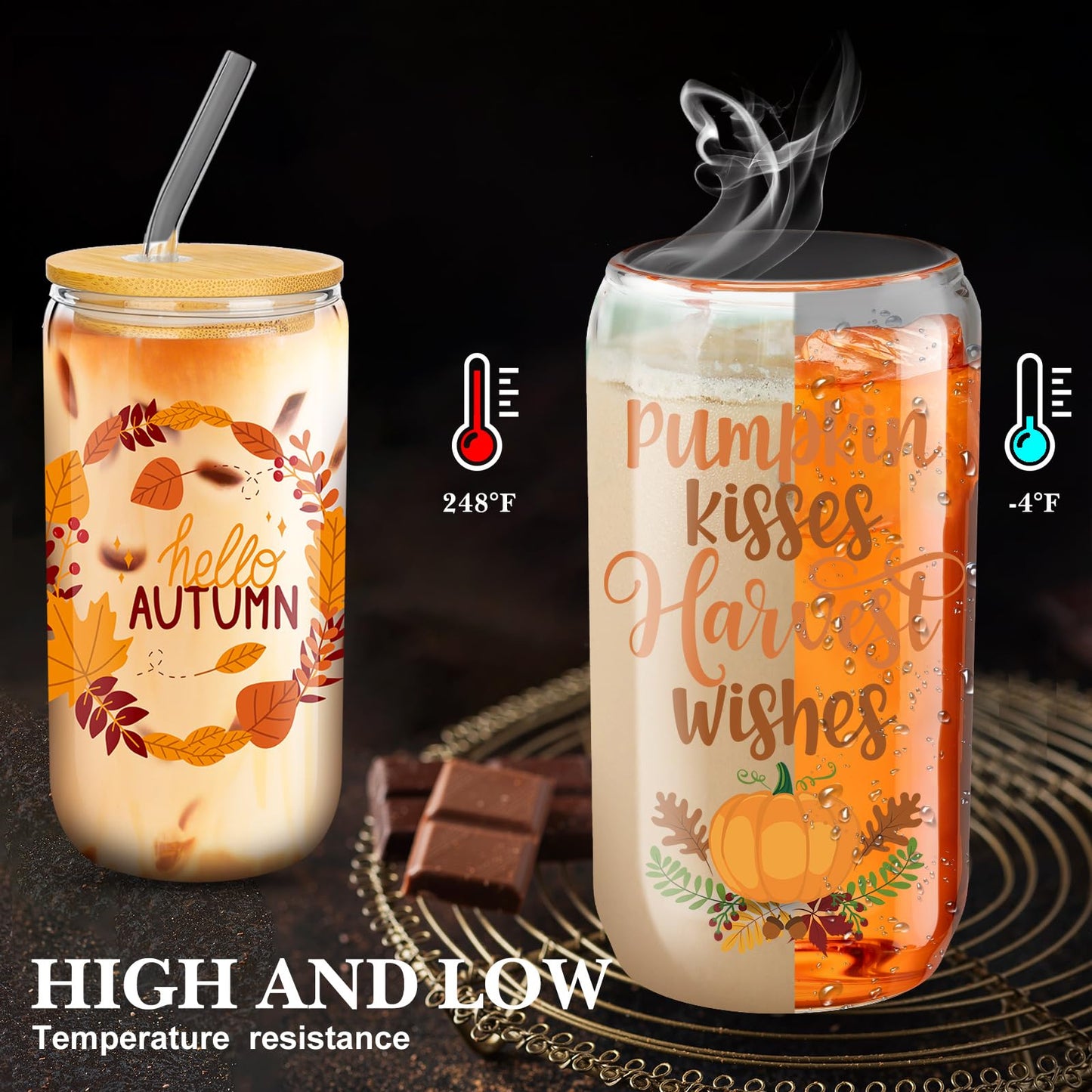 Umigy 12 Pack Fall Drinking Glasses Bulk 16oz Fall Ice Coffee Cups Pumpkin Glass Mug Jars with Bamboo Lid Straw Halloween Cups Thanksgiving Glassware Drinking Tumbler for Autumn Harvest Gifts