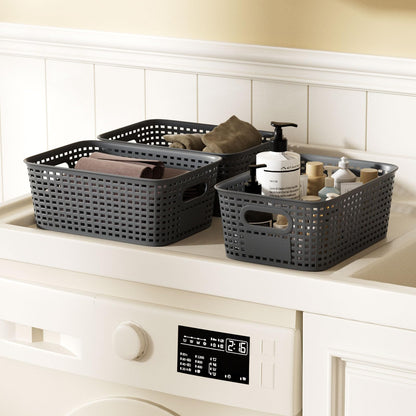 6Pcs Storage Bins with Lids, Stackable Plastic Storage Basket with Bamboo Lid, Pantry Organizer Box Small Containers for Organizing Shelves Drawer Desktop Closet Cabinet Office Classroom 10x7.1x4.1in