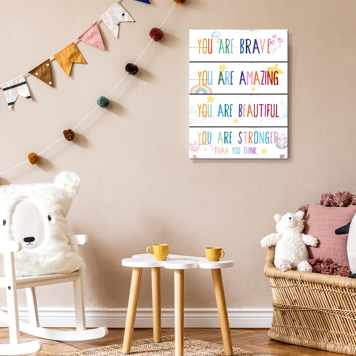 You Are Brave Canvas Wall Art,Positive Affirmations Wall Decor for Kids,Inspirational Quote Canvas Framed Wall Art Ready to Hang for Kids Bedroom Nursery Playroom Decorations
