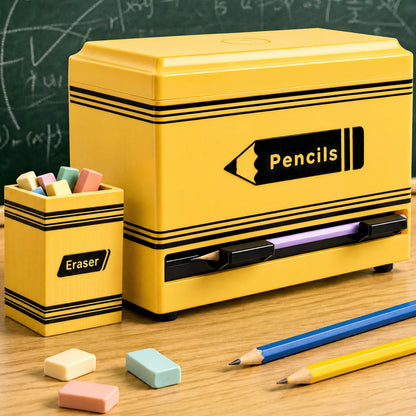 Gueevin 2pcs Pencil Dispenser for Classroom, Fun Desk Organizer with Eraser Holder, Interactive Pencil Storage for Teachers, Students & Homeschool Desk Organizer, Back to School Supplies(Yellow)
