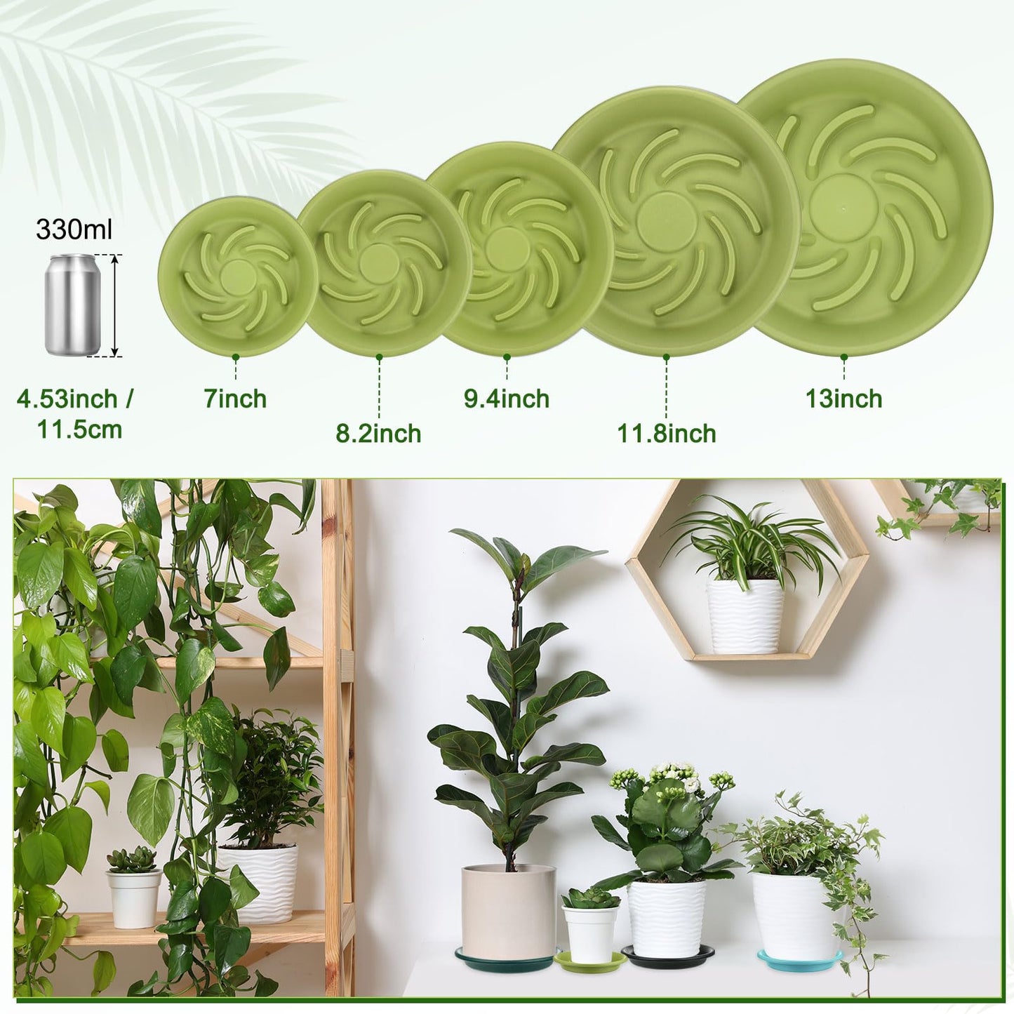 M METERXITY 2-Pack Plant Saucer, 7.4 Inch/ 18.8cm Plastic Plant Trays Thicker for Pots/Indoor/Outdoor/Water Drainage and Protection, Flowerpot Drip Tray [Apple Green]