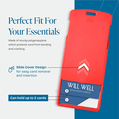 Will Well Vertical Sliding Badge Holder for Lanyards - Hard ABS Plastic 4.13" x 3.3" Protector Fits Up to 2 Standard-Sized Cards, Lightweight Secure Quick-Access Slide Cover Design - 6-Pack, Red