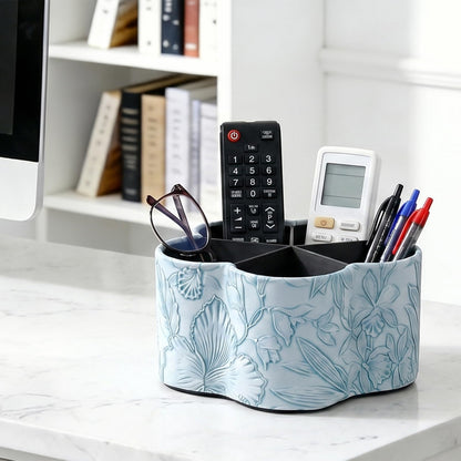 Lvkjafaz Flower Shaped Leather Art Supply Organizer,Remote Control Holder,360 Degree Spinning,Multi-Functional Pencil Holder,5 Compartments Desktop Stationary Organizer(1-Flower Blue)