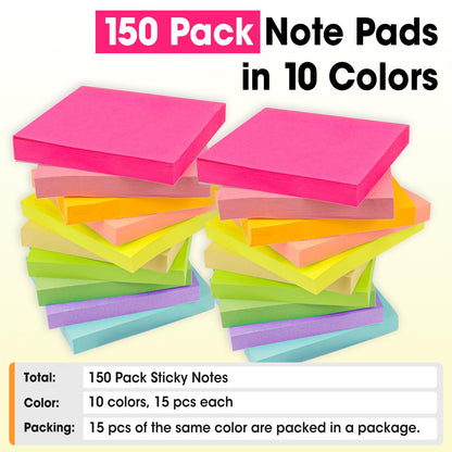 150 Pads Sticky Notes 3x3, Self-Stick Pads Bulk Bright Colors, School Supplies, Office Products, 50 Sheet/Pad
