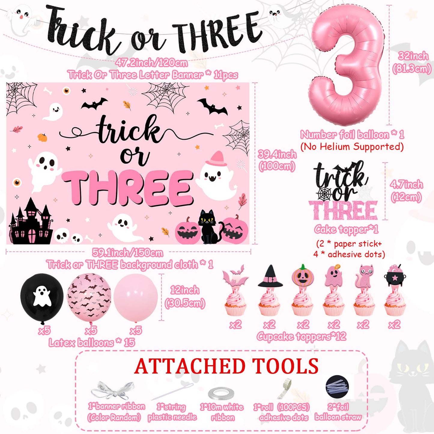 Trick or Three Theme Halloween 3rd Birthday Party Decorations Trick or Three Backdrop Banner Number 3 Foil Balloon Halloween Theme Cake Cupcake Toppers for Halloween 3rd Birthday Party Decor Favoers