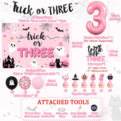 Trick or Three Theme Halloween 3rd Birthday Party Decorations Trick or Three Backdrop Banner Number 3 Foil Balloon Halloween Theme Cake Cupcake Toppers for Halloween 3rd Birthday Party Decor Favoers