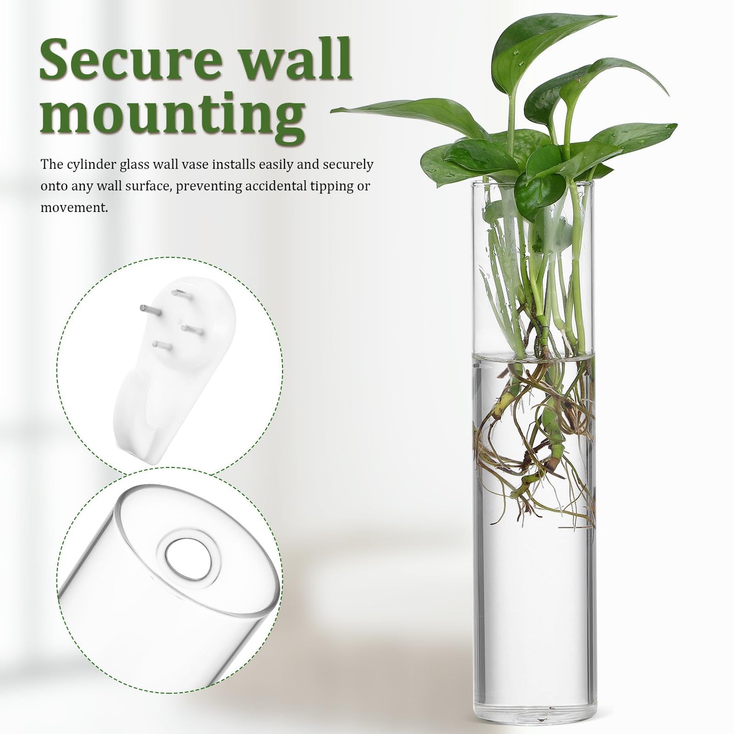 FOMIYES Wall Hanging Glass Planter Vase Set, 2pcs Large Cylinder Glass Wall Vases for Indoor Plants, Hydroponic Propagation Station and Terrarium Flower Holders, Home Décor