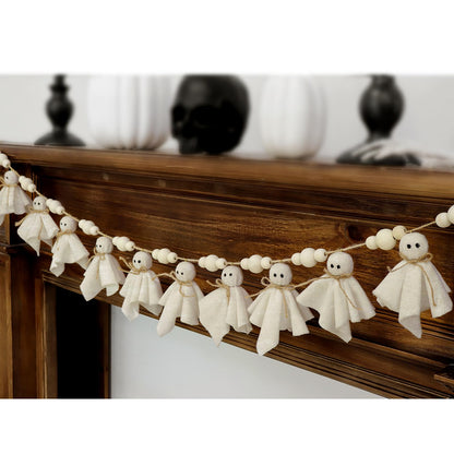 Bunny Chorus Ghost Halloween Banner: 1pc White Ghost Halloween Party Banner with Wood Beads, Cute Ghosts Halloween Garland Halloween Banner Decorations for Home Wall Mantel Doorways Front Decor