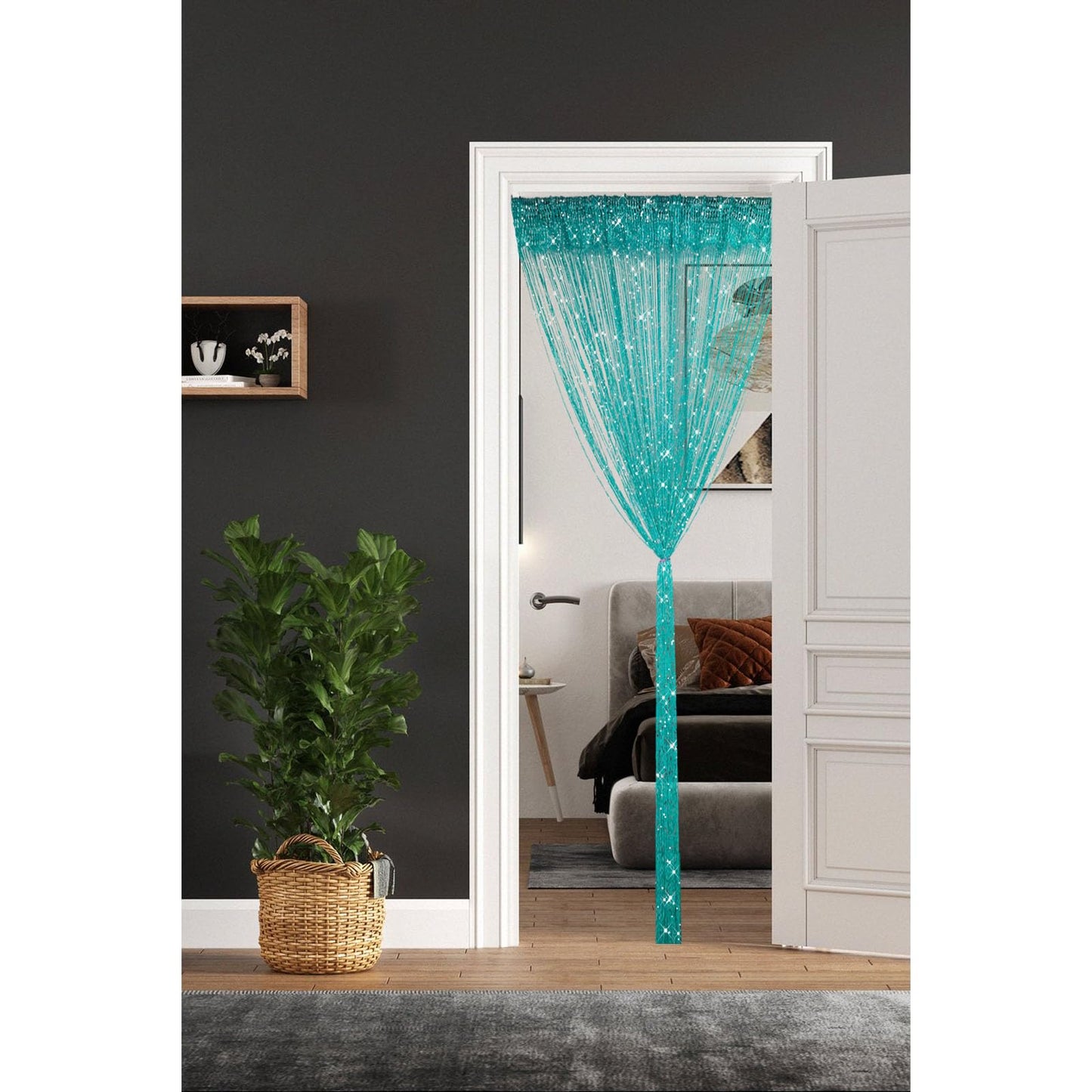 2 Pieces Teal Glitter String Curtains, 39x79 Inch Doorway Beads Curtains, String Curtain for Doorway, Room, Closet Partition, Windows Wedding Party Boho Tassel Home Decoration