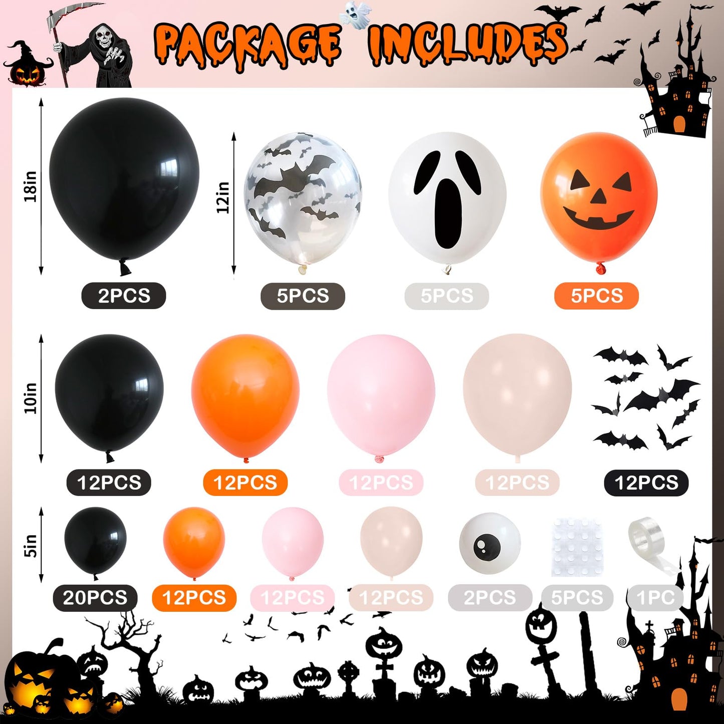 Froova Halloween Balloon Arch Pink Black Orange Balloons Garland 3D Bat Stickers Bat Print White Ghost Pumpkin Latex Balloons for Pink Halloween Night Ghost Spooky One Birthday Baby Shower Party Decor