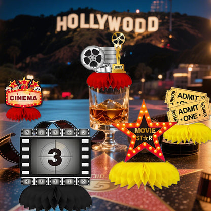 Oiuyamn 9Pcs Movie Night Party Honeycomb Centerpieces Decorations, 3D Movie Theme Birthday Table Topper, Hollywood Party Decor