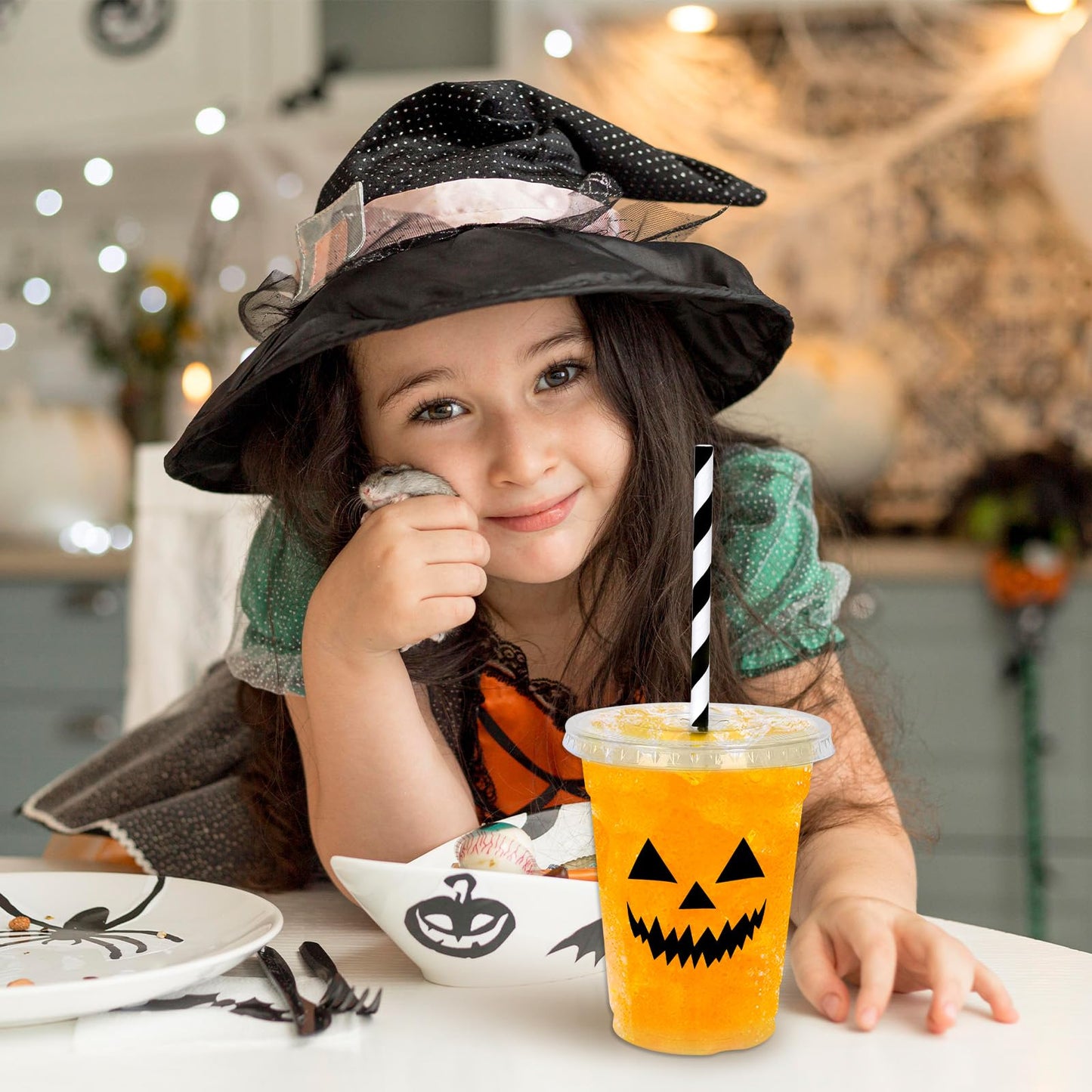 Whaline 60Pcs Halloween Disposable Plastic Cups with Lids and Straws 12oz Jack-O-Lantern Pumpkin Cold Beverage Drinking Cups Scary Printed Party Cup for Trick or Treat Party Supplies