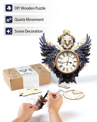 Rnfinewow 3D Wooden Puzzles for Adults, Bald Eagle Clock with Pendulum Model Kit, 3D Puzzles for Adults Room Home Decor DIY Wall Clock Kit, Holiday Birthday Christmas Day Gifts for Men Women Teens