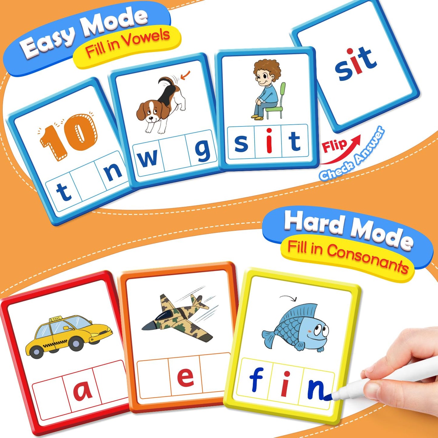 Torlam CVC Word games Phonics Games Sight Words Flash Cards, Spelling Reading Learning Flashcards, Speech Therapy Toy Preschool Kindergarten Classroom Learning Activities Must Have Homeschool Supplies
