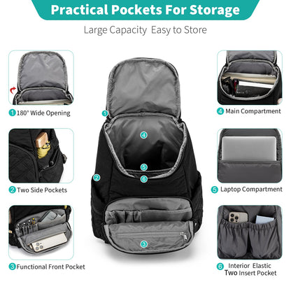 NOL Natural Organic Lifestyle Women's Quilted Puffer Backpack, Large Waterproof Lightweight Puffy Bookbag, Carry on Daypack for Travel, Work (Black)
