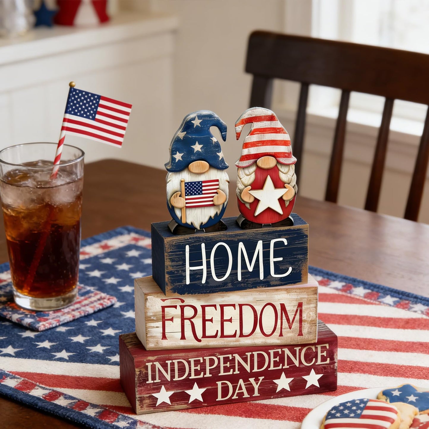 4th of July Table Decorations Patriotic Memorial Day Tiered Tray Decor Wooden Gnome Block Signs Independence Farmhouse 250th July Fouth Centerpiece for Tables Wooden Sign for Home Decor