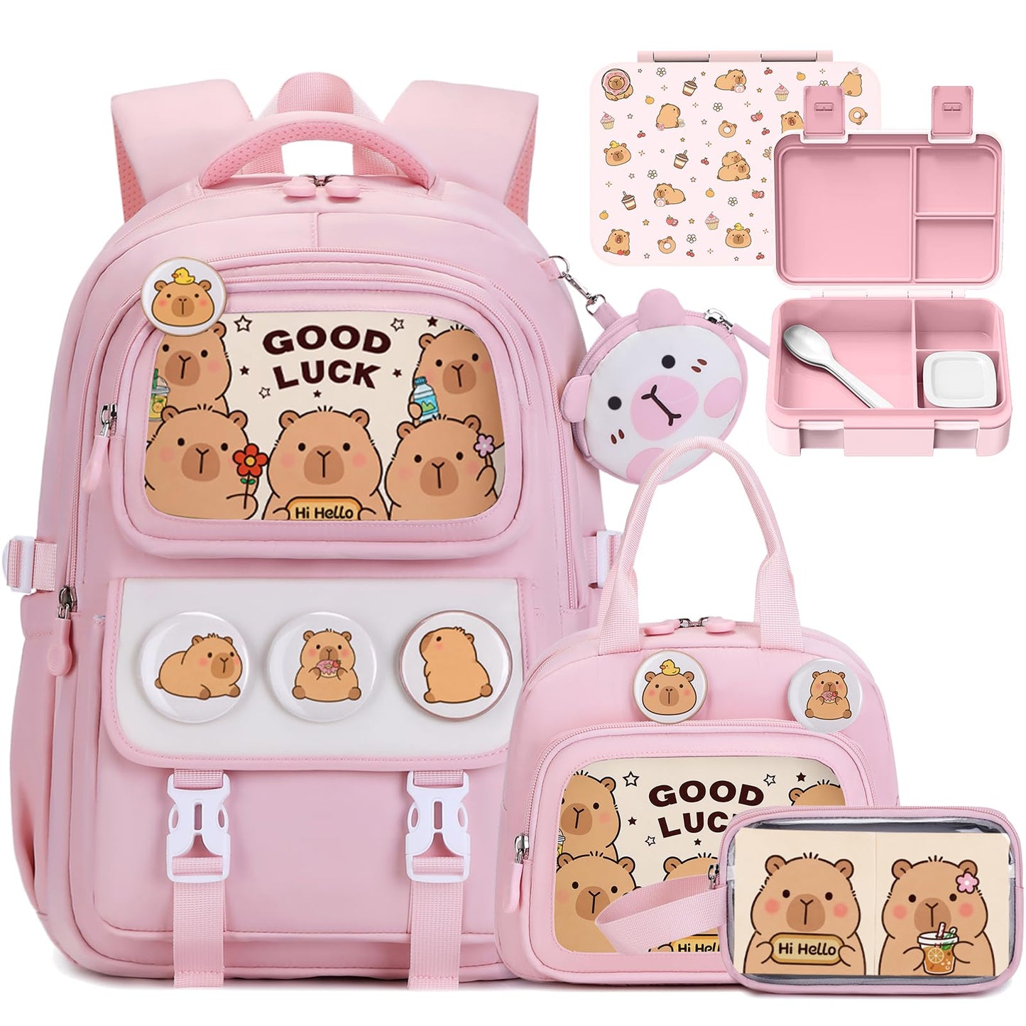Similove Backpack for Girls with Bento Box - 4PCS Girls Backpack for Kindergarten Elementary Middle High School Travel - 34oz Leakproof Lunch Containers Kids Backpacks Back to School Gift (Pink)
