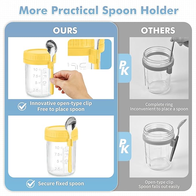 DRKIO 6 Pack Overnight Oats Containers with Lids and Spoons 16 Oz Glass Mason Jars for Overnight Oats Leak Proof Oatmeal Container Great for Cereal Fruit Vegetable Milk Salad Yogurt Meal Prep