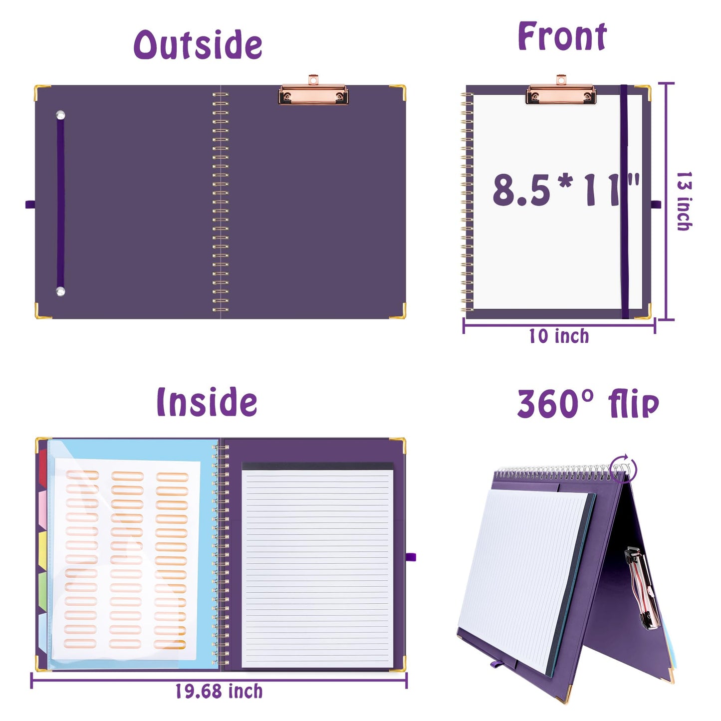 HAUTOCO Clipboard Folio with Refillable Lined Notepad for Letter Size (11" x 8.5"), 5 Dividers with 10 Pockets, Elastic Pen Holder and File Folder Labels, Spiral Nurse Clipboard Artboard(Dark Purple)