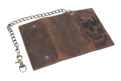 CAZORO Biker Skull Chain Wallet RFID Signal Blocking Men's Vintage Leather Long Tri-fold Chain Checkbook Card ID Wallet (Skull Brown)