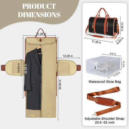 Geestock Garment Duffle Bags for Travel, Convertible Carry On Garment Bag with Shoe Pouch & Shoulder Strap, 2 in 1 Foldable PU Leather Suit Travel Bag for Women & Men, Black