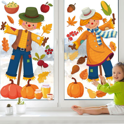 Thanksgiving Fall Window Clings Decorations Extra Large Fall Scarecrow Window Stickers Autumn Leave Pumpkin Glass Windows Decal for Home Office Classroom Decor Thanksgiving Autumn Party Supplies
