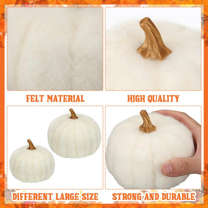 Preboun 4 Pieces Large Wool Fall White Pumpkin Thanksgiving Decor Artificial Fabric Pumpkin Harvest Felt Fake Pumpkins for Decorating for Fall, Thanksgiving, Halloween, Wedding Parties Decoration