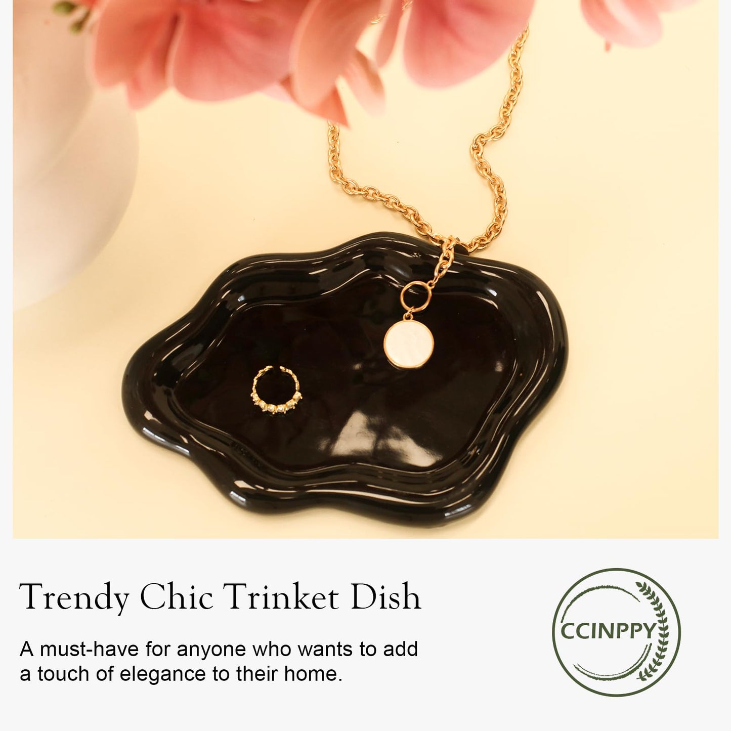 CCINPPY Ceramic Jewelry Tray Trinket Dish, Decorative Cloud Vanity Key Tray for Women, Ring Holder Dish, Cute Jewelry Plate Bowl Room Decor Aesthetic, Black, Medium