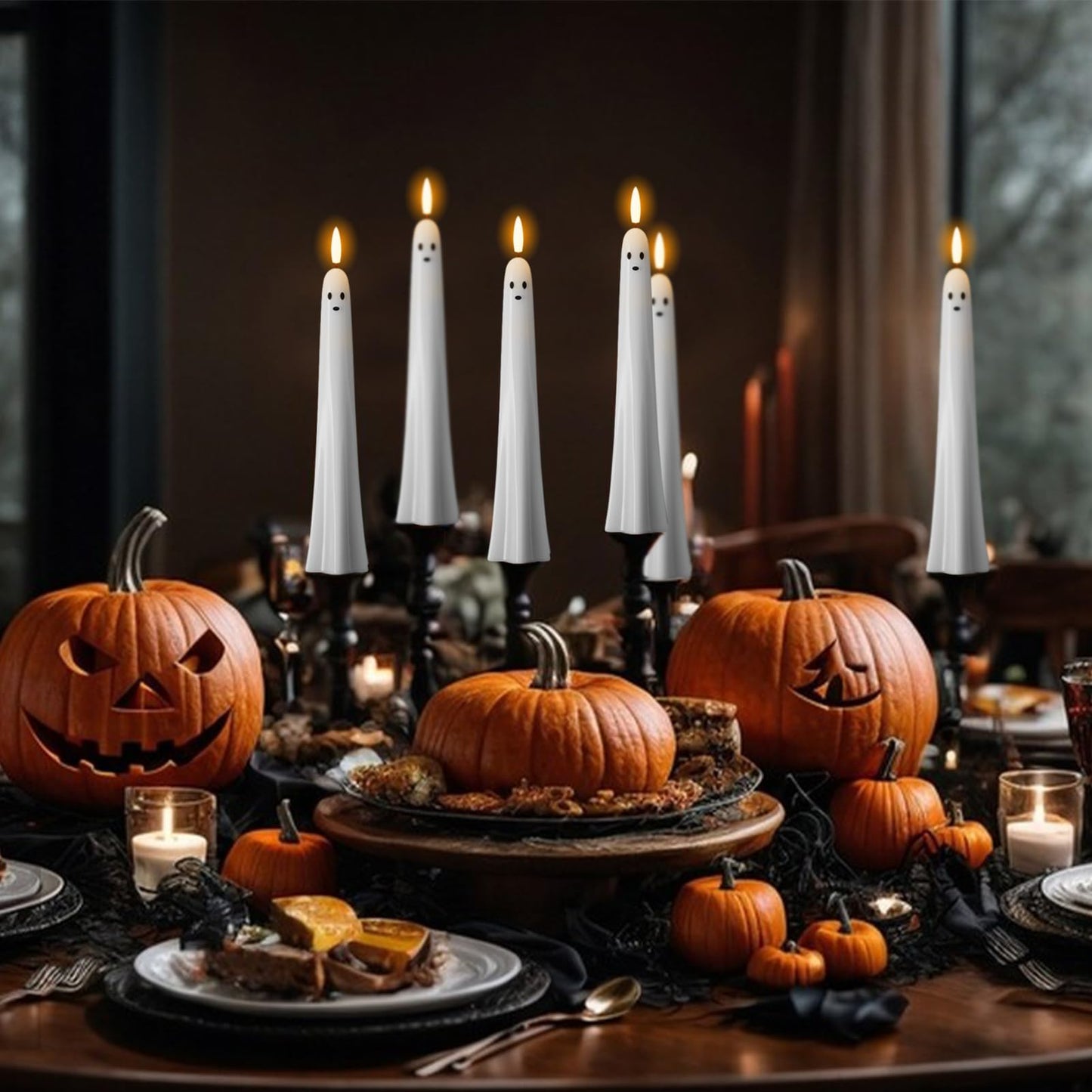 Eldnacele Ghost Halloween Flameless Taper Candles Battery Operated with Remote Timer Set of 2 White LED Flickering Candle Real Wax 3D Wick Long Lasting Spooky Dinner Indoor Decor(0.79" D x 9.5" H)