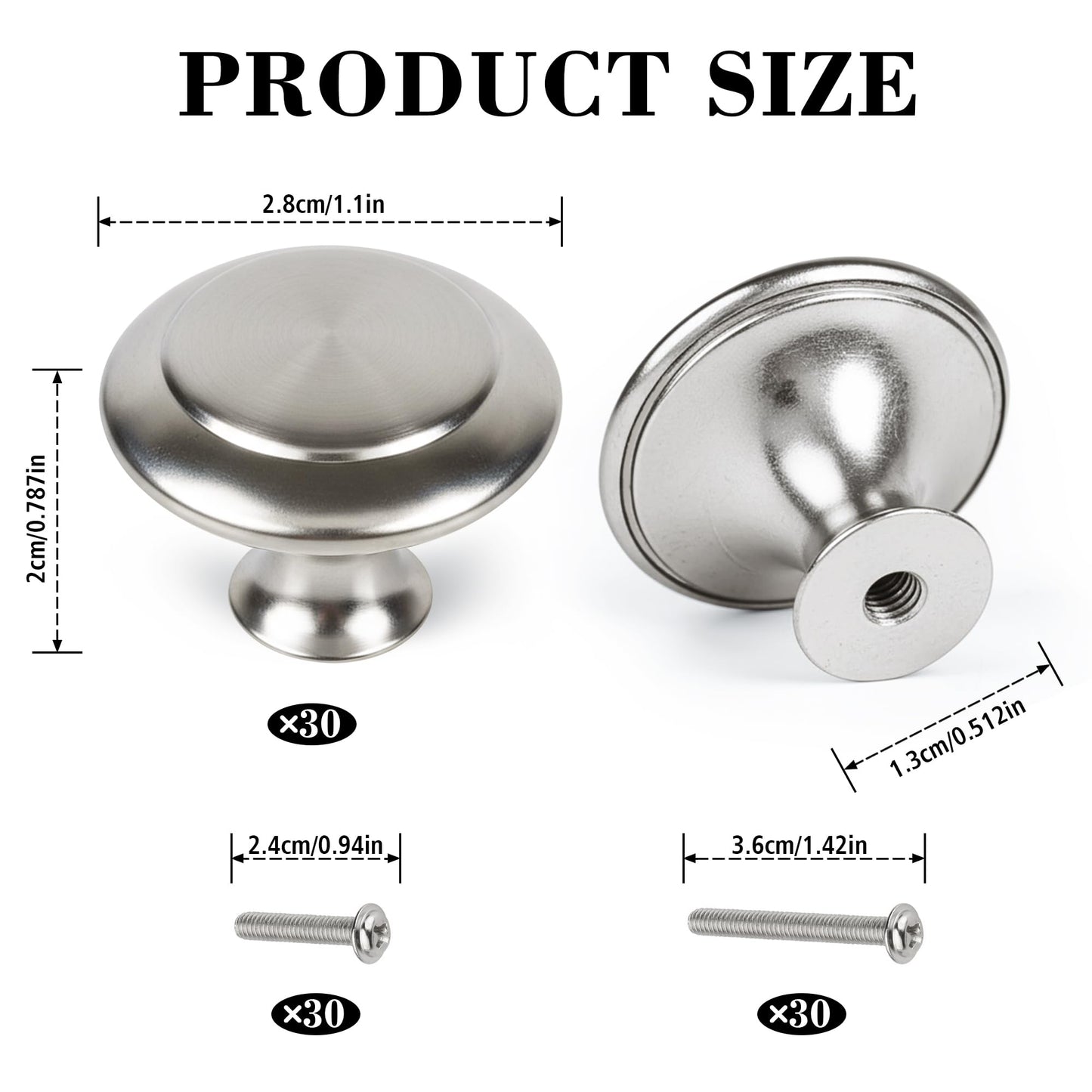 CHEF TIME 30 Packs Kitchen Cabinet Knobs Brushed Silver-Pull Hardware Handle,Drawer Knobs for Cupboard Door Drawer with Long Short Screws