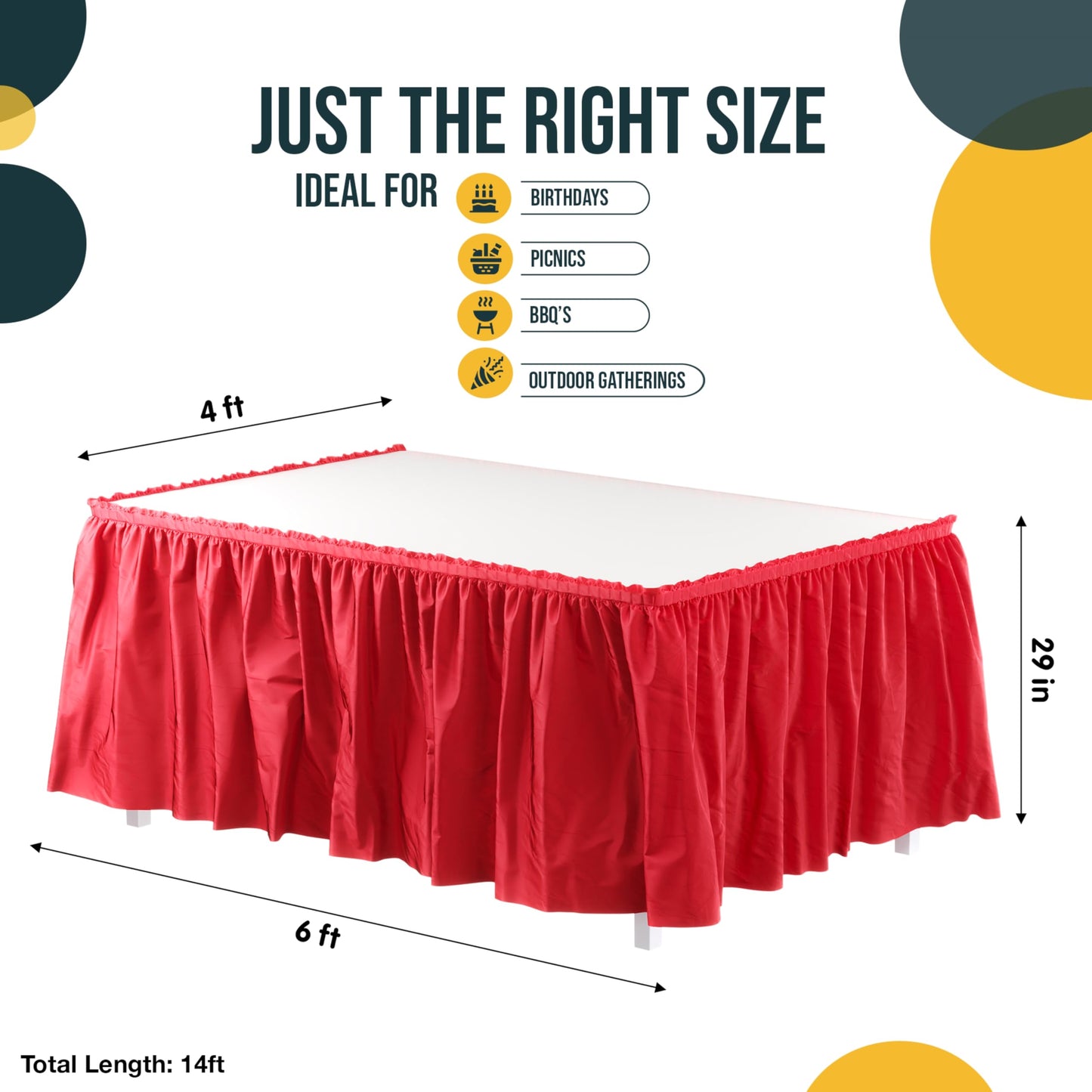 Exquisite Red Table Skirt 6 Pack - Disposable Plastic Table Skirts for Rectangle Tables 6ft 8ft & Round Tables - 29in x 14ft Self-Adhesive Strip - Birthday Wedding Gender Reveal Decor