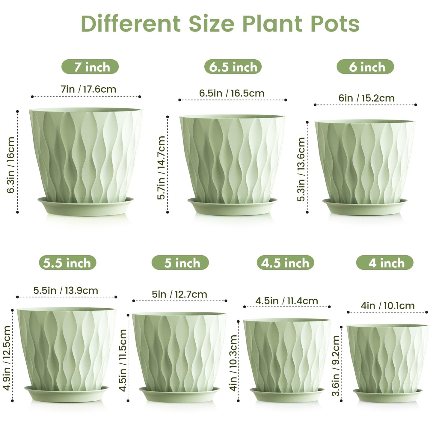 Meowell 7/6.5/6/5.5/5/4.5/4 inch Plant Pots for Indoor Outdoor Plants, 7 Pack Thick Flower Pots with Drainage Holes and Saucers, Modern Wave Texture Plastic Planter Pots for Nursery, Succulent, Green