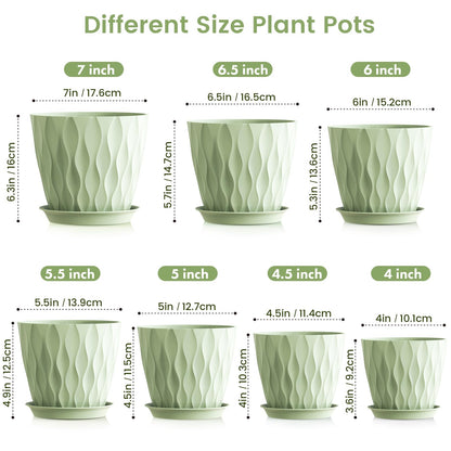 Meowell 7/6.5/6/5.5/5/4.5/4 inch Plant Pots for Indoor Outdoor Plants, 7 Pack Thick Flower Pots with Drainage Holes and Saucers, Modern Wave Texture Plastic Planter Pots for Nursery, Succulent, Green