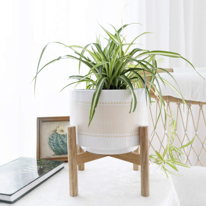 LA Jolie Muse Ceramic Planter with Wood Stand - 8 Inch Boho Dot-Line Pattern Cylinder Flower Plant Pot for Indoor, Yellow Beige & Bright White