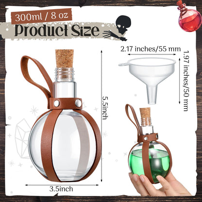 Baderke 3 Set 8 oz Plastic Potion Bottle with Cork Stopper Cosplay Accessories with Leather Belt Witch Cosplay Props Decorative Round Spherical Bottles for Halloween Party Decorations (Coffee)