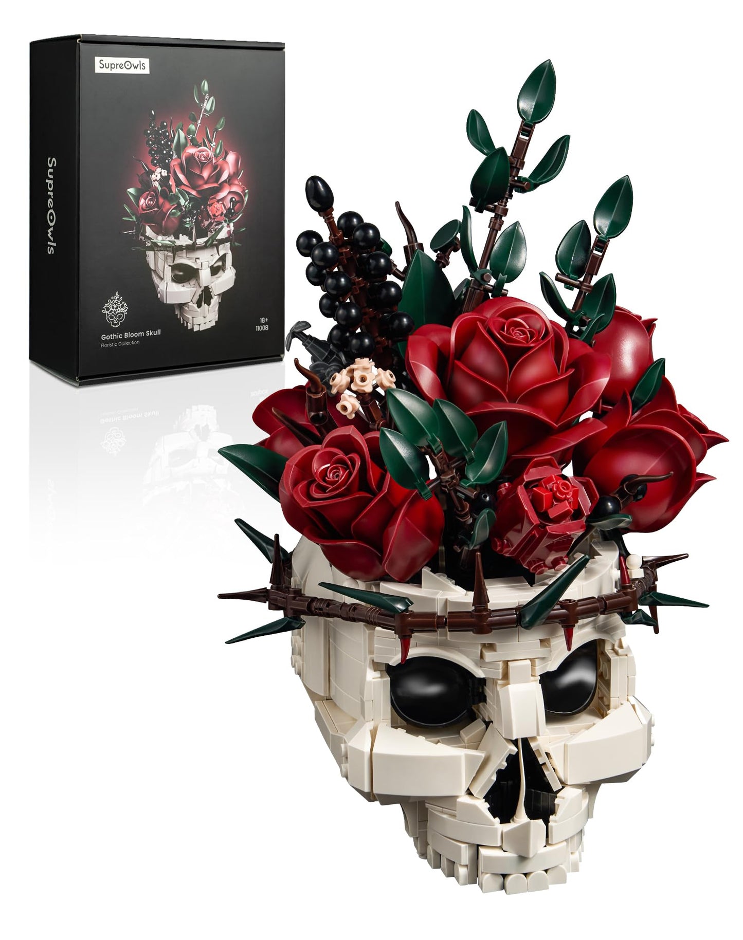 iATOM Skull Roses Flower Bouquet Building Set, Botanical Collection Kit for Adult Women, Birthday Gifts for Mothers Day for Her/Girlfriend/Mom/Wife/Couple, Goth Horror Skeleton Pot Home Table Decor