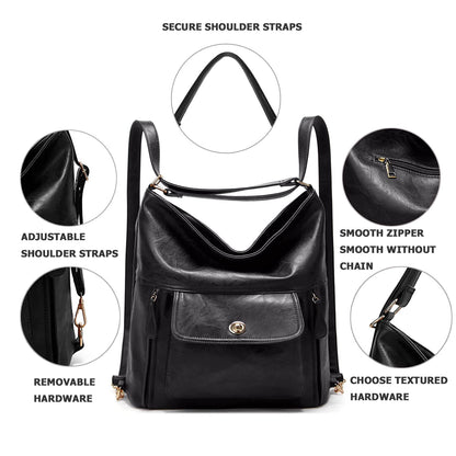 myfriday Vintage Leather Fashion Backpack Purse for Women Large Capacity Convertible Backpack Travel Daily Daypack (Black)