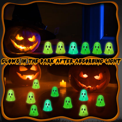 Realspring 90 Pcs Halloween Mini Resin Ghosts Small Ghost Figurines Glow in The Dark Miniatures for Spooky Tiered Tray Decor Home Tabletop Shelf Centerpieces Halloween Party
