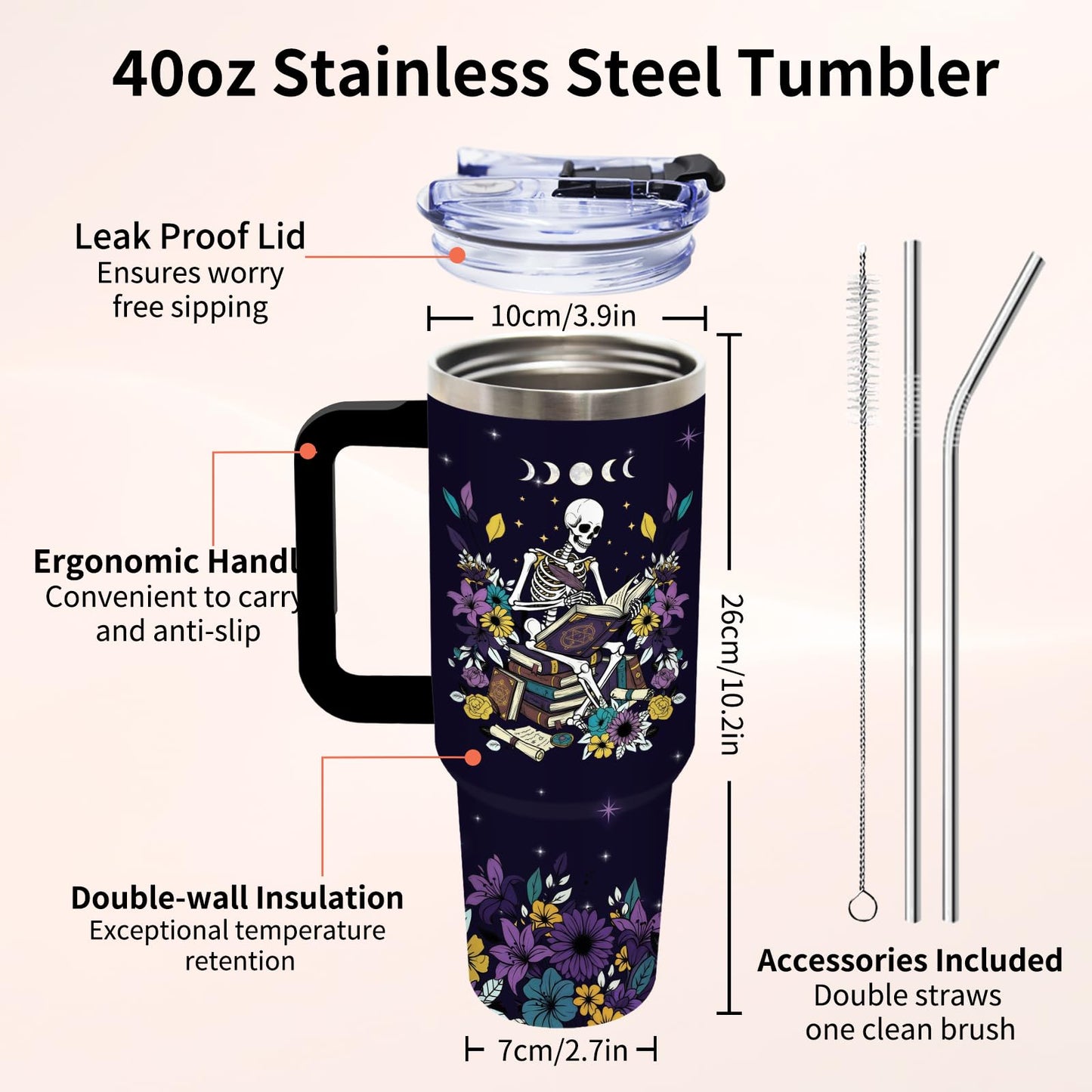 Book Lovers Gift for Women - Gothic Style Skeleton Reader 40 oz Tumbler with Handle and Straw, Stainless Steel Insulated Coffee Travel Cup for Women Men Reading Gifts Halloween Skull Birthday Gift