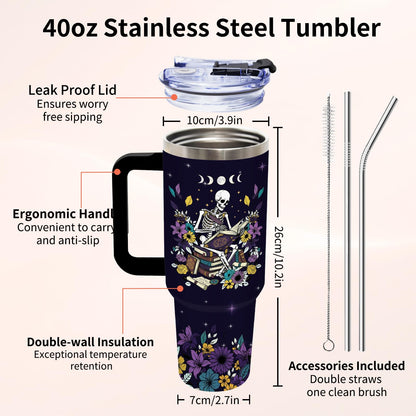 Book Lovers Gift for Women - Gothic Style Skeleton Reader 40 oz Tumbler with Handle and Straw, Stainless Steel Insulated Coffee Travel Cup for Women Men Reading Gifts Halloween Skull Birthday Gift
