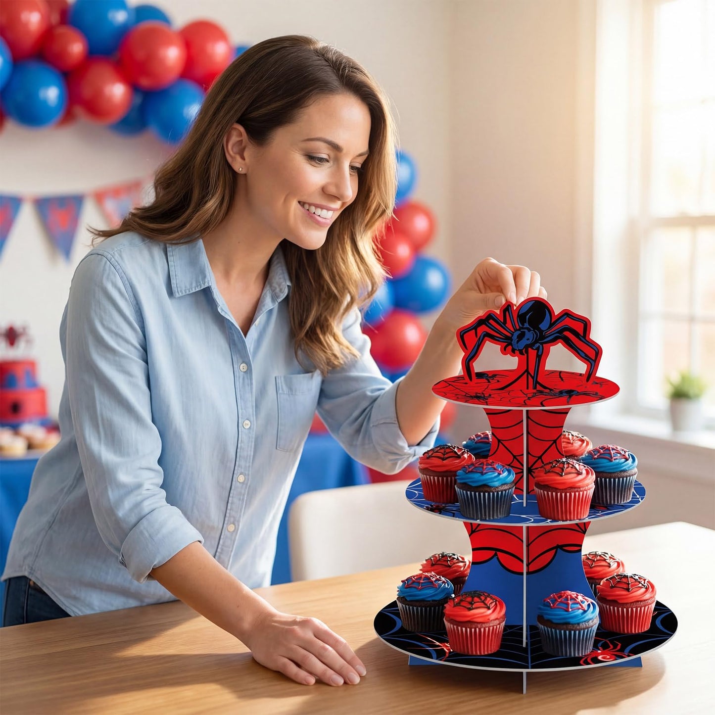 Widecook 3 Tier Spider Cupcake Stand Spider Birthday Party Decorations Cupcake Tower Hero Theme Cake Holder Hero Dessert Holder Table Display for Birthday Baby Shower Party Supplies