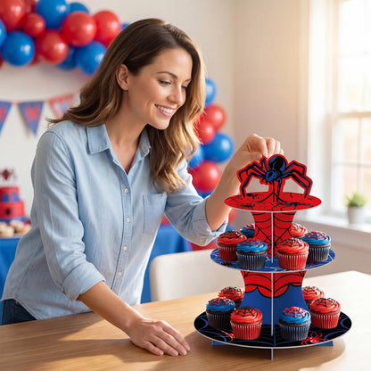 Widecook 3 Tier Spider Cupcake Stand Spider Birthday Party Decorations Cupcake Tower Hero Theme Cake Holder Hero Dessert Holder Table Display for Birthday Baby Shower Party Supplies