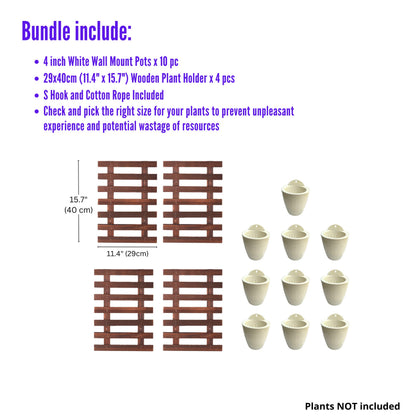 LalaGreen Bundle - 4" x 10 Pack Self Watering Plastic Pot + 4 Pack Wooden Orchid Hanging Planters for Indoor Plants, Wall Mount Plant Stand Ladder, Outdoor Vertical Garden Modern Hydroponic