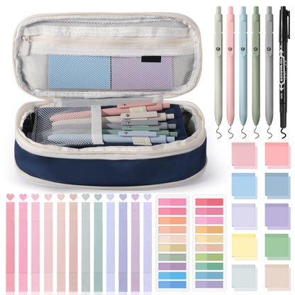 KOUDGY 49Pcs Book Annotation Kit - Aesthetic School Supplies with Cute Pen Case Highlighters Gel Pens and Marker, Sheets Transparent Index Tabs Sticky Notes Bible Study Supplies(Dark Blue)