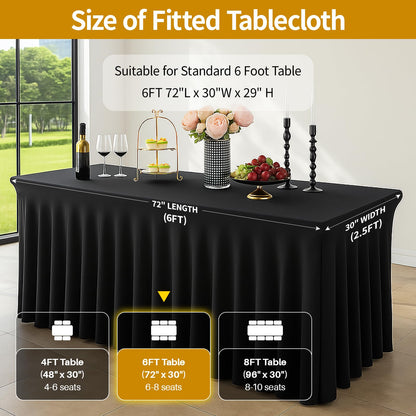 Deep Dream 2 Pack Black Spandex Table Covers 6 Foot, Fitted Stretch Tableclothes 30x72 Inch, Wrinkle Free 6FT Fitted Table Clothes with Skirt for Party, Banquet, Wedding and Events