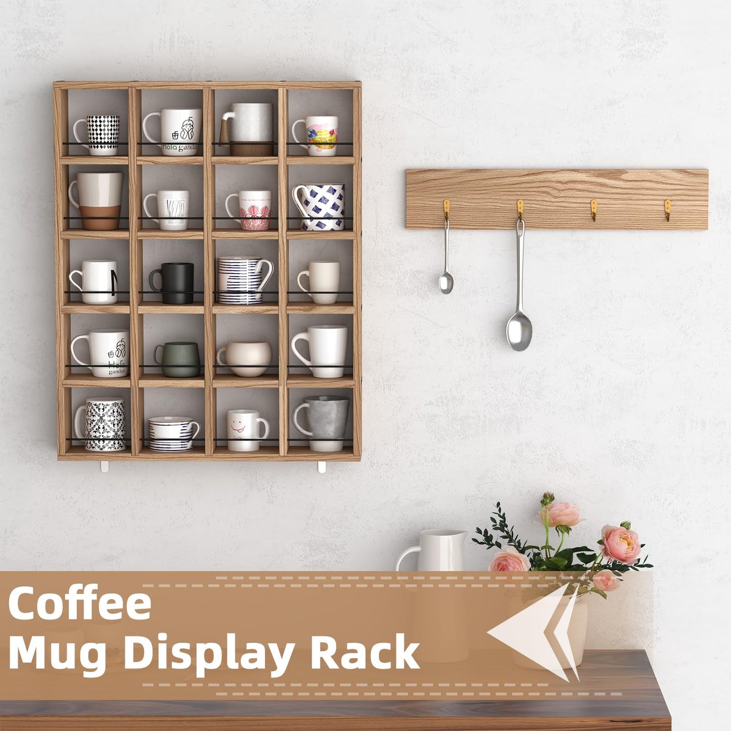 WYJREES Wooden Coffee Mug Display Rack, Wall Mounted Coffee Cup Display Shelf, Hold 24 Mugs, Rustic Shot Glass Display Case, Coffee Mug Holder Organizer for Kitchen, Coffee Station (23.6 * 29.5in)