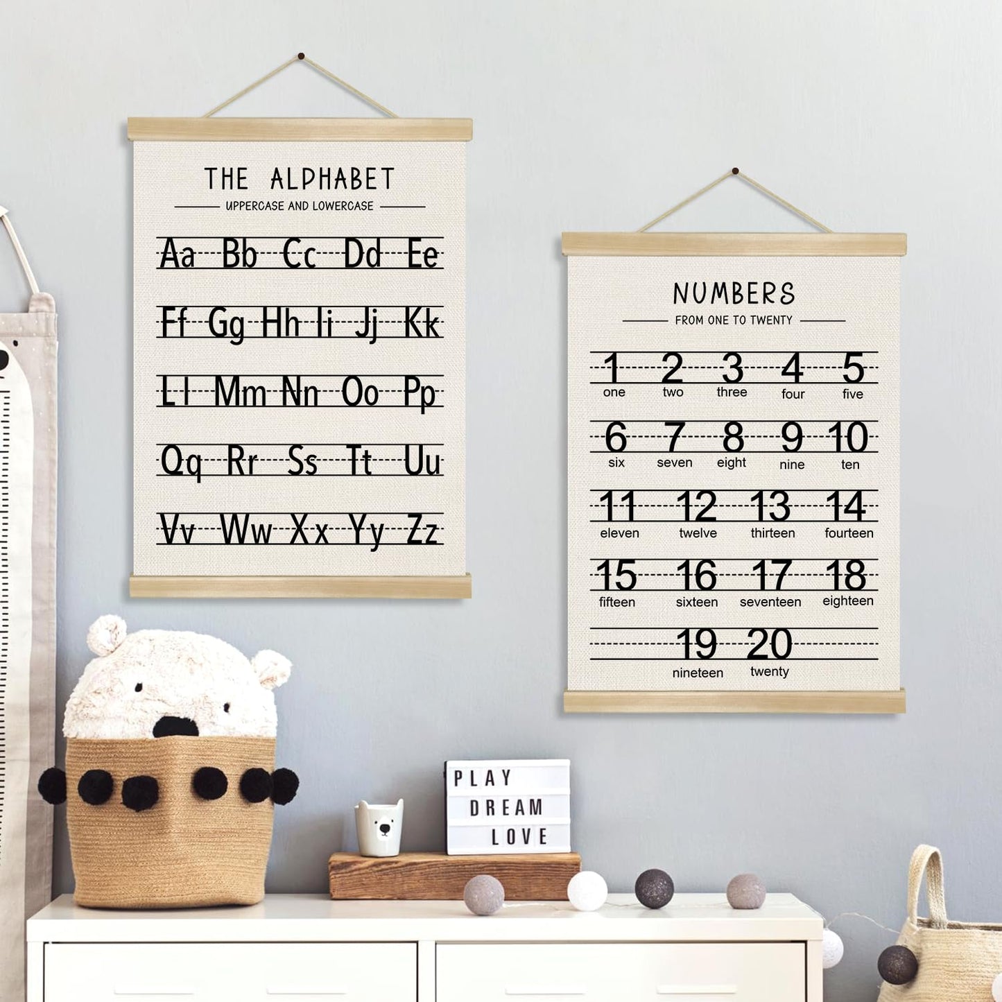 Alphabet and Numbers Wall Chart Set of 2,Toddlers Educational Posters,Alphabet and 1-20 Number Learning Banners for Preschool Classroom Homeschool Nursery Playroom,Kids Room Decor 14x18.5 Inch (Black)