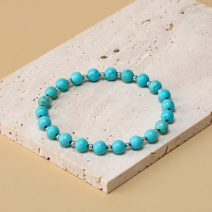 QOGIR Blue Turquoise - Stone of Wisdom - Stainless Silver Beads Natural Gemstone Stretch Elastic Dainty Healing Beaded Bracelets Gifts 6mm