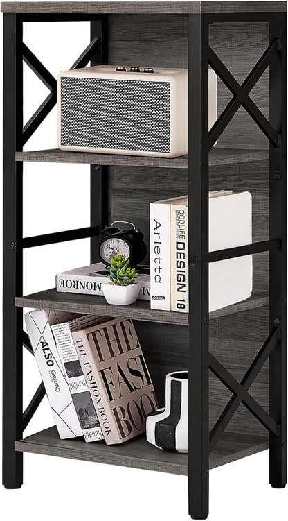 MNEETRUNG Small Bookshelf,4 Tier Industrial Bookcase with Metal Frame and Backboard,Narrow Rustic Gery Book Shelf,Book case for Small Spaces,Living Room,Bedroom and Home Office