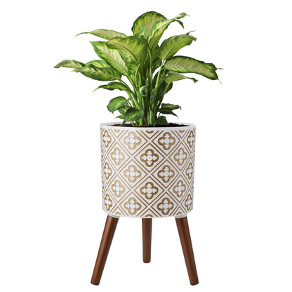 naclto 10 Inch Planter with Stand, Plant Pot for Indoor Plants, Large Modern Flower Pots Indoor Outdoor with Drainage for Home Garden Patio, White ＆ Gold